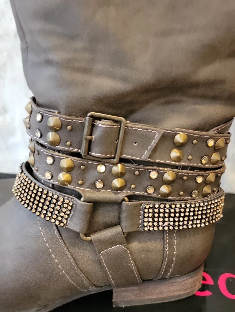 Women's Tall Brown Studded Slip On Embellished Boots